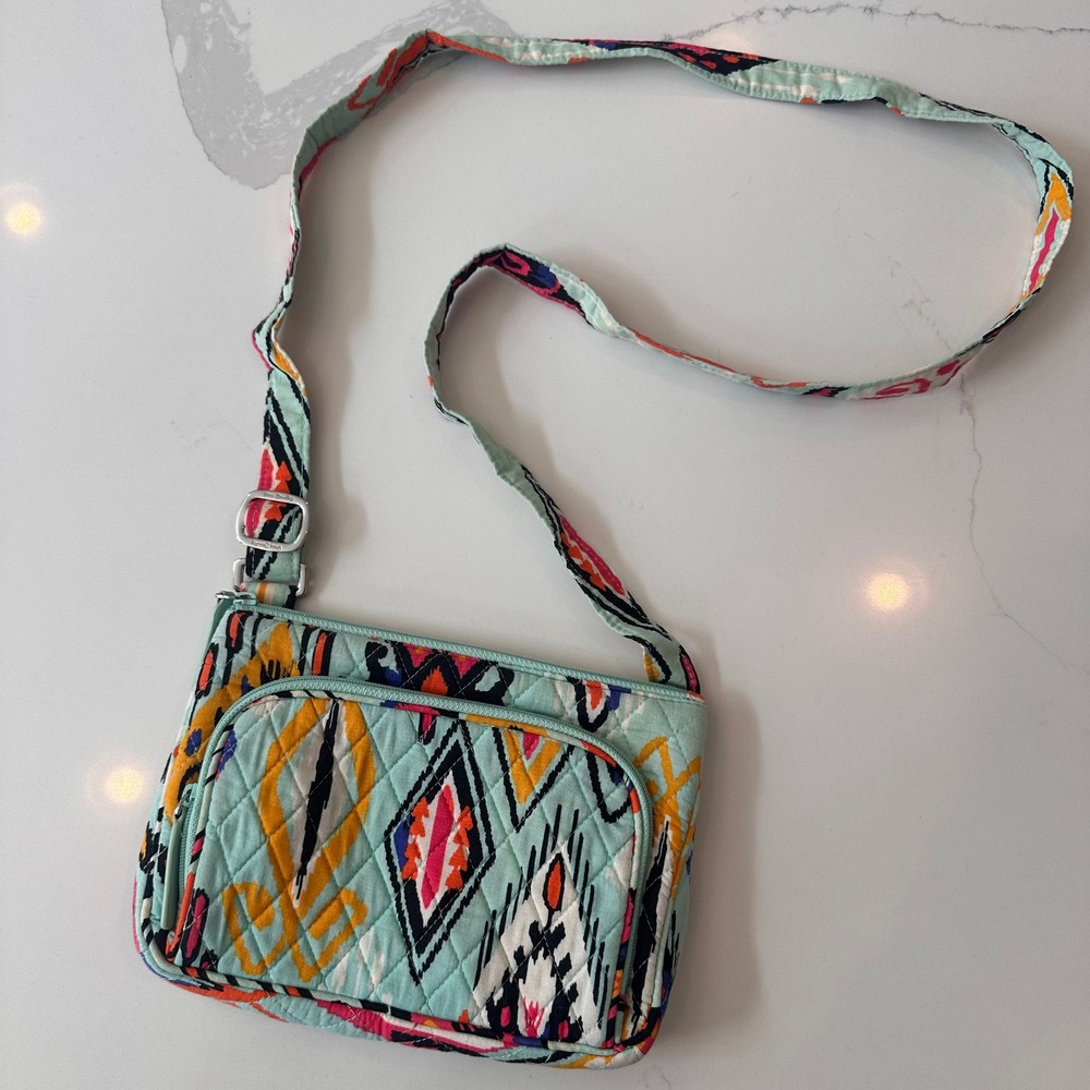 Vera Bradley Ikat Diamonds Black Quilted Cotton Crossbody Bag Blue Geometric